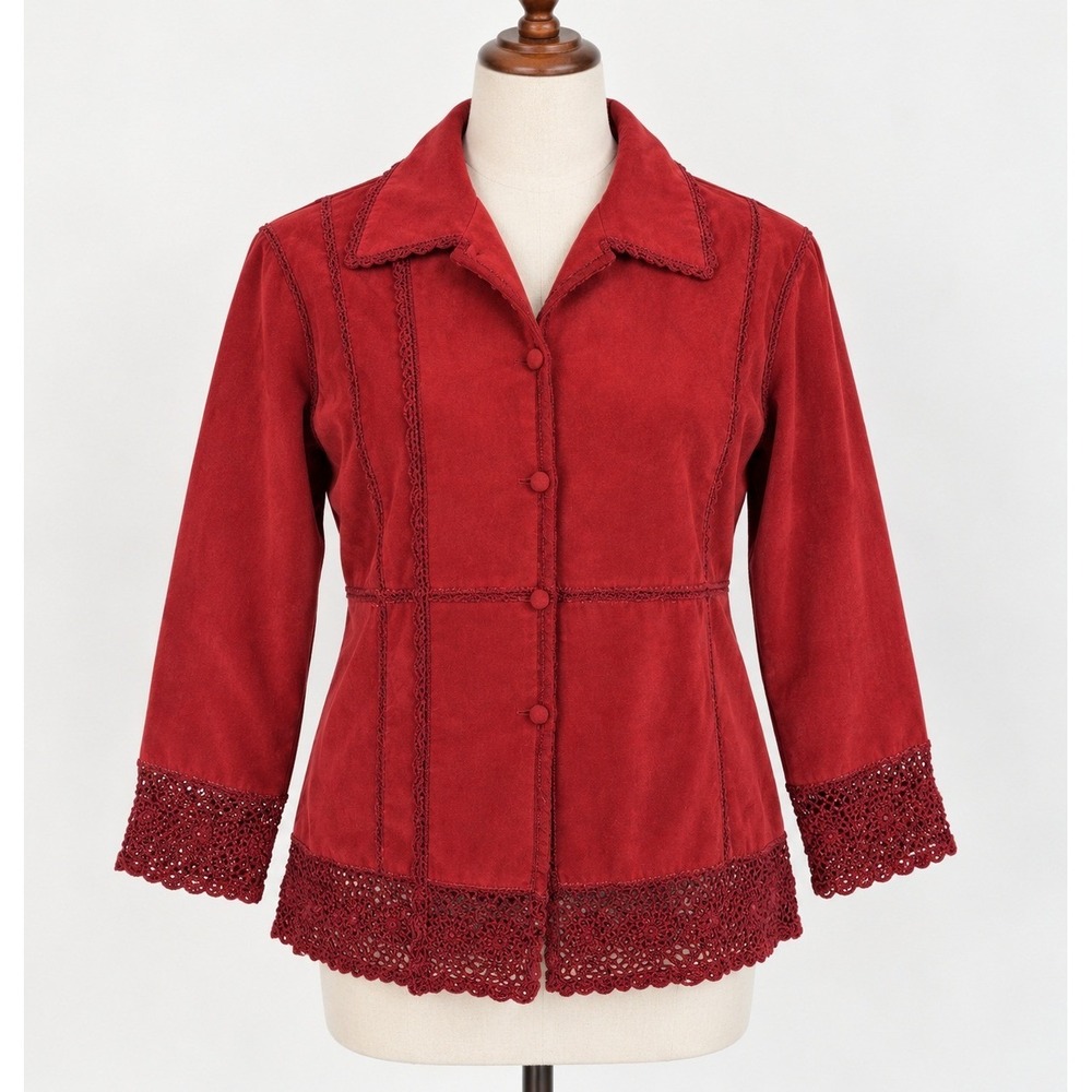 Patti LaBelle Faux Suede Jacket Womens 2X Red Crochet Lace Trim Open Front VTG